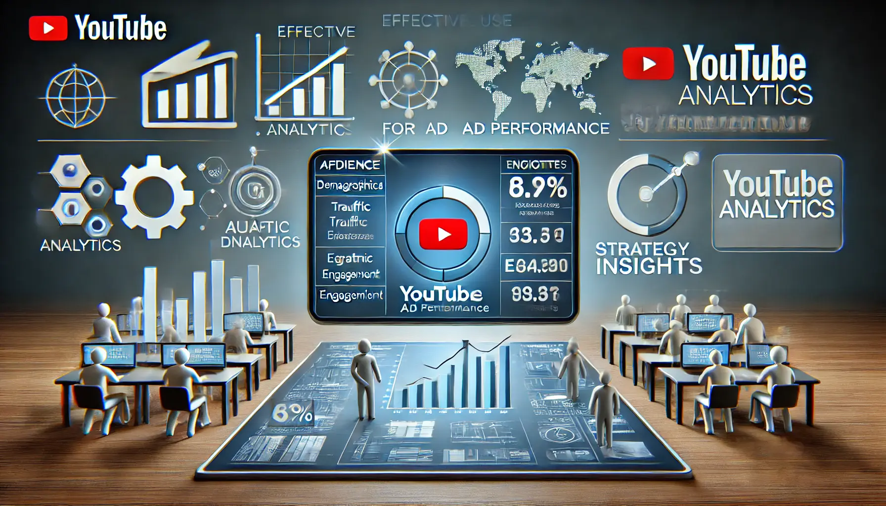 Image showing a digital dashboard with audience demographics, traffic sources, and engagement data for YouTube Analytics.