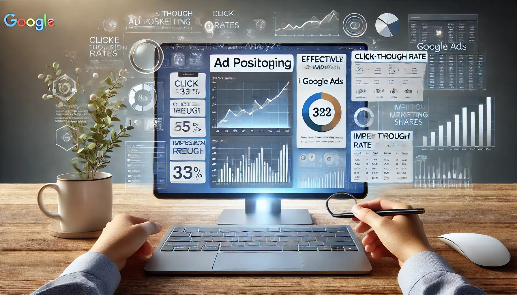 A realistic illustration depicting how to effectively track and analyze ad positioning in Google Ads, featuring a computer screen with a dashboard displaying performance metrics.