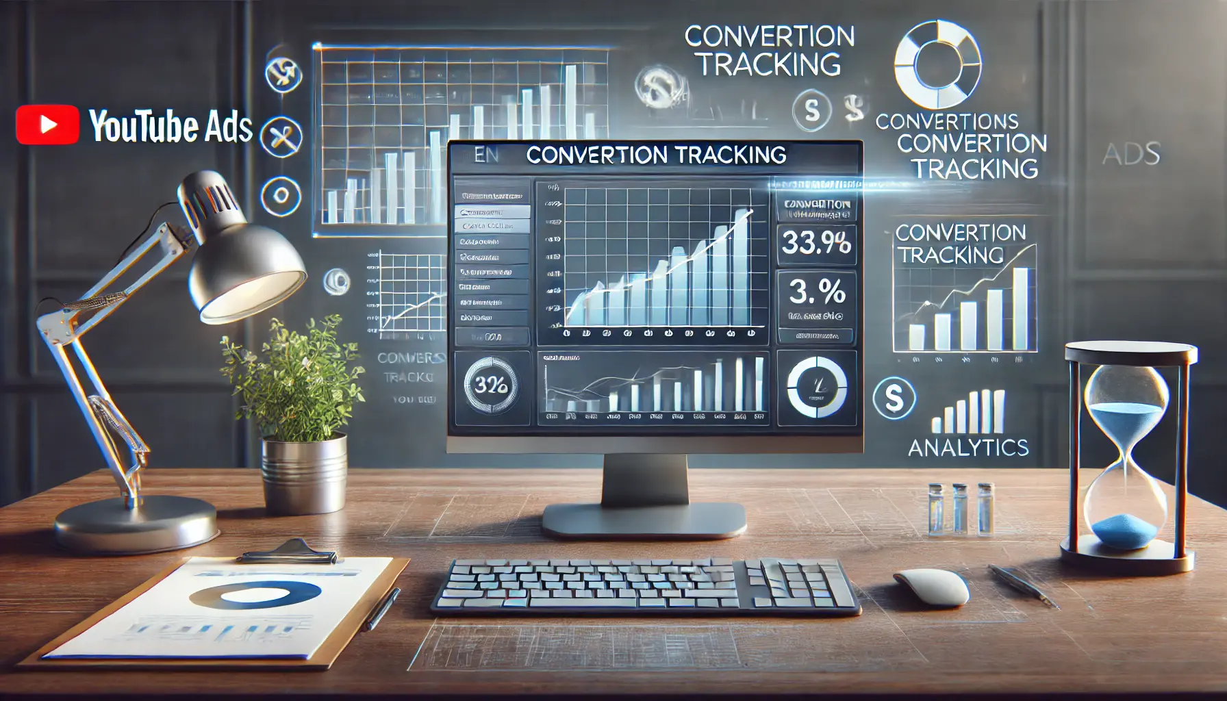 Workspace with a computer displaying YouTube Ads interface with conversion tracking setup, surrounded by icons of conversions and analytics.