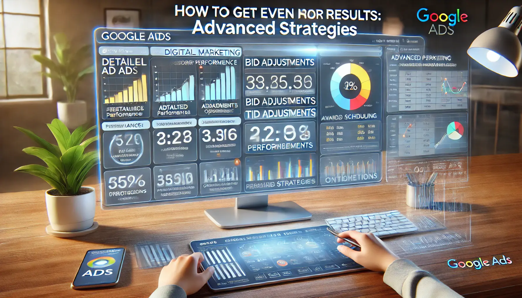 A digital marketing dashboard showing advanced optimization tools, performance metrics, and time-slot adjustments to improve ad performance.