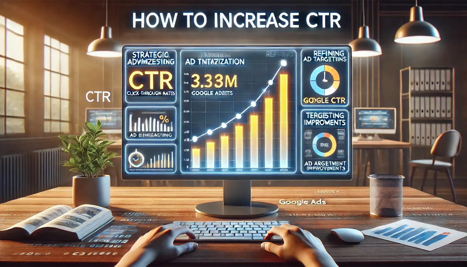 Digital advertising dashboard showing improvements in click-through rates (CTR) with graphs and metrics.