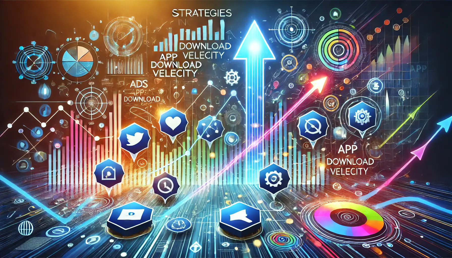 Abstract visualization of strategies to increase app download velocity, featuring app icons, data analytics, and arrows indicating upward growth and digital promotion.