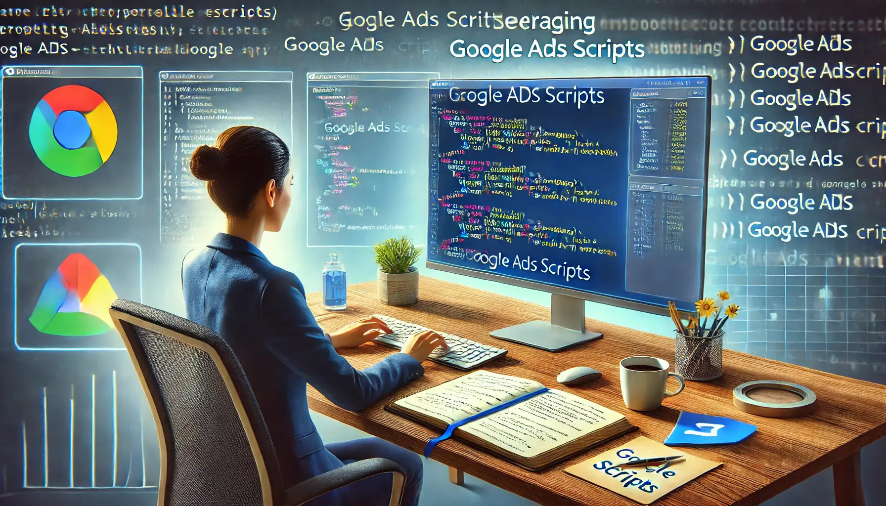 A digital marketing professional working with Google Ads scripts on a computer screen.