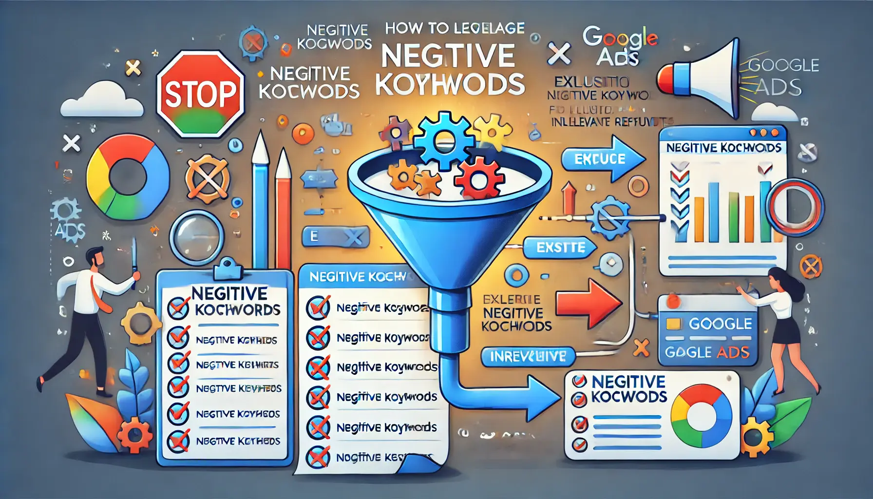 An informative digital marketing illustration depicting the use of negative keywords, featuring a checklist and a funnel.