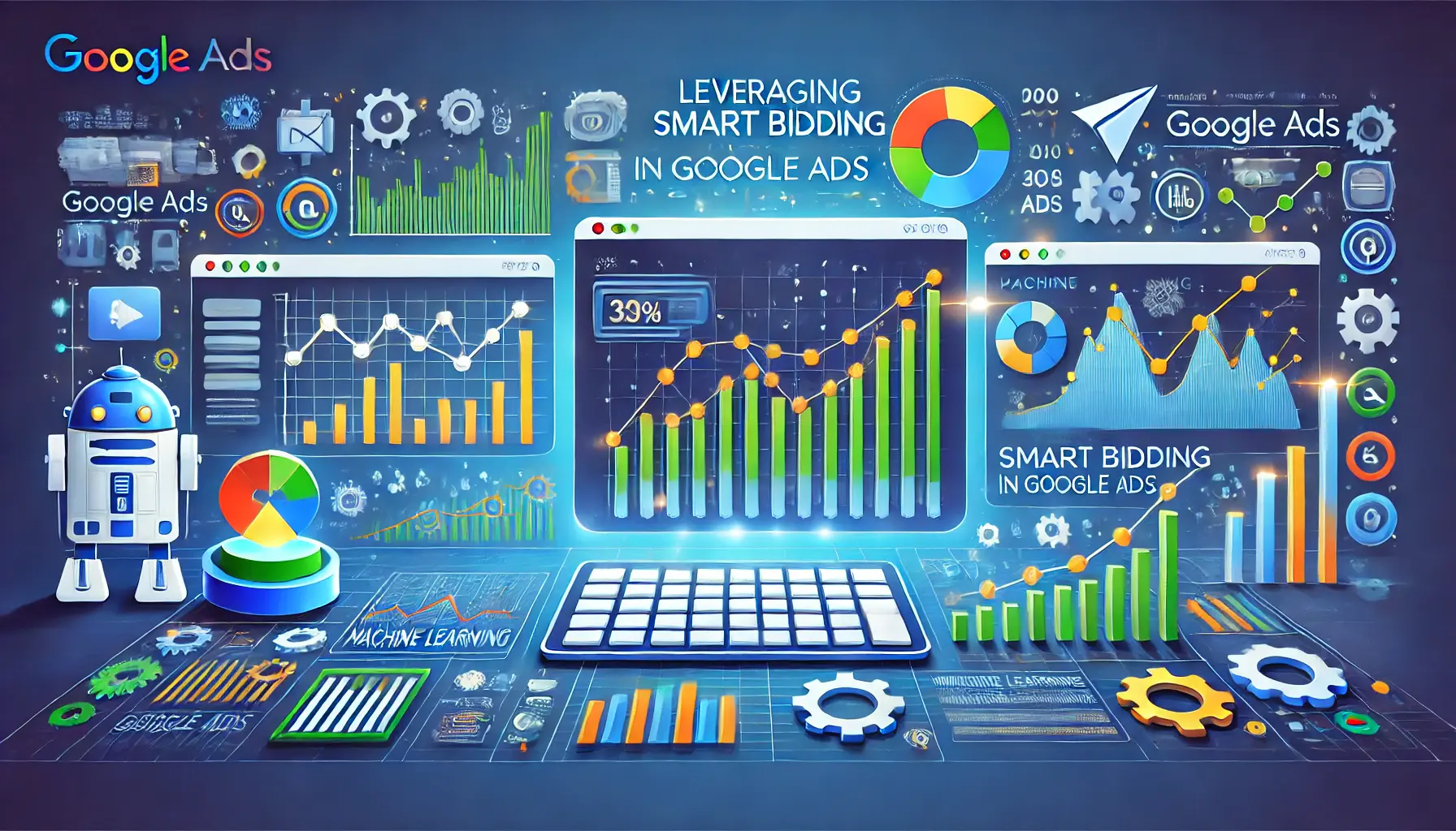 A visual representation of leveraging Smart Bidding in Google Ads, showcasing a digital dashboard and performance graphs.