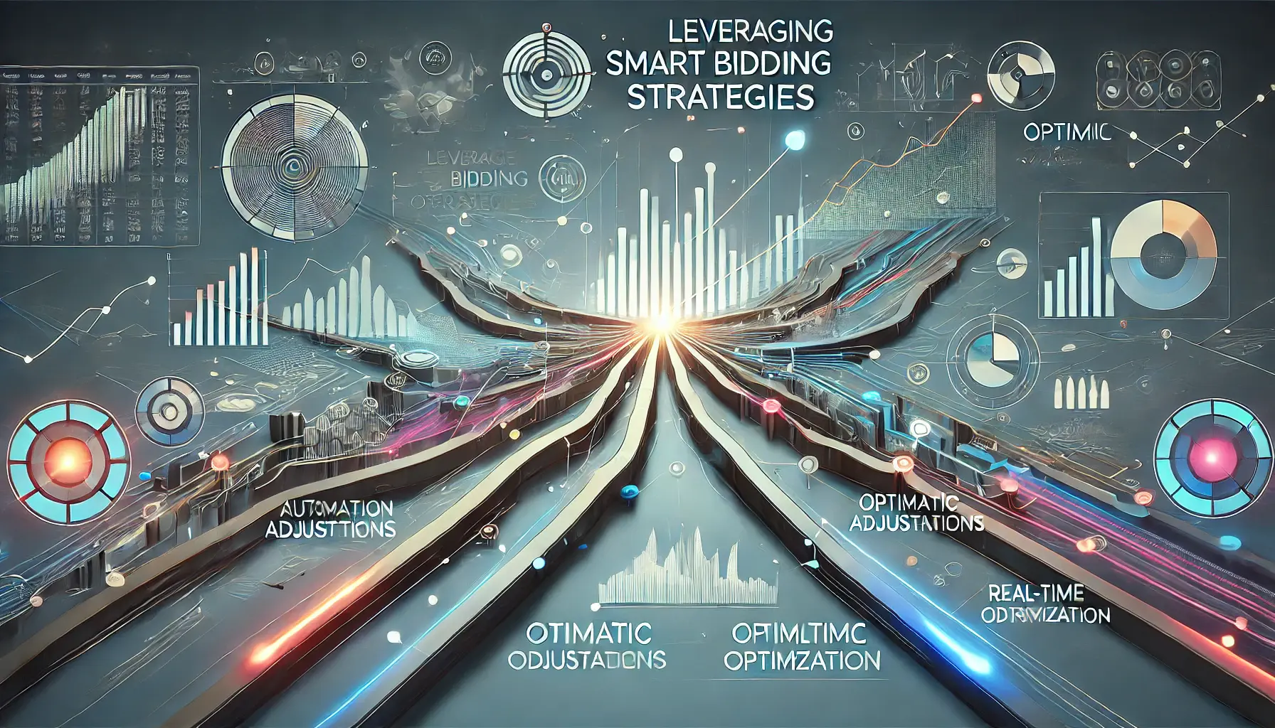 Abstract representation of smart bidding strategies with algorithmic pathways converging towards optimal bid targets symbolizing data-driven automation