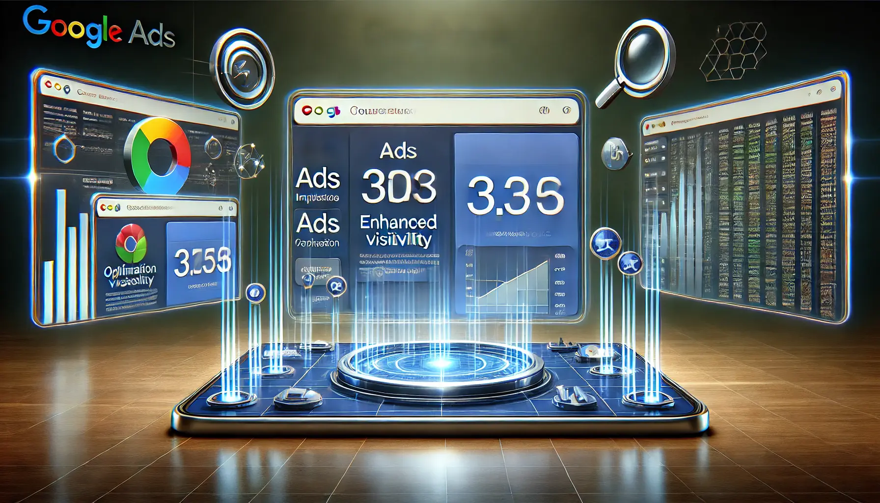 A Google Ads dashboard showing ads placed at the top of search results with high-performance metrics like impressions and click-through rates, surrounded by symbols representing optimization and enhanced visibility.