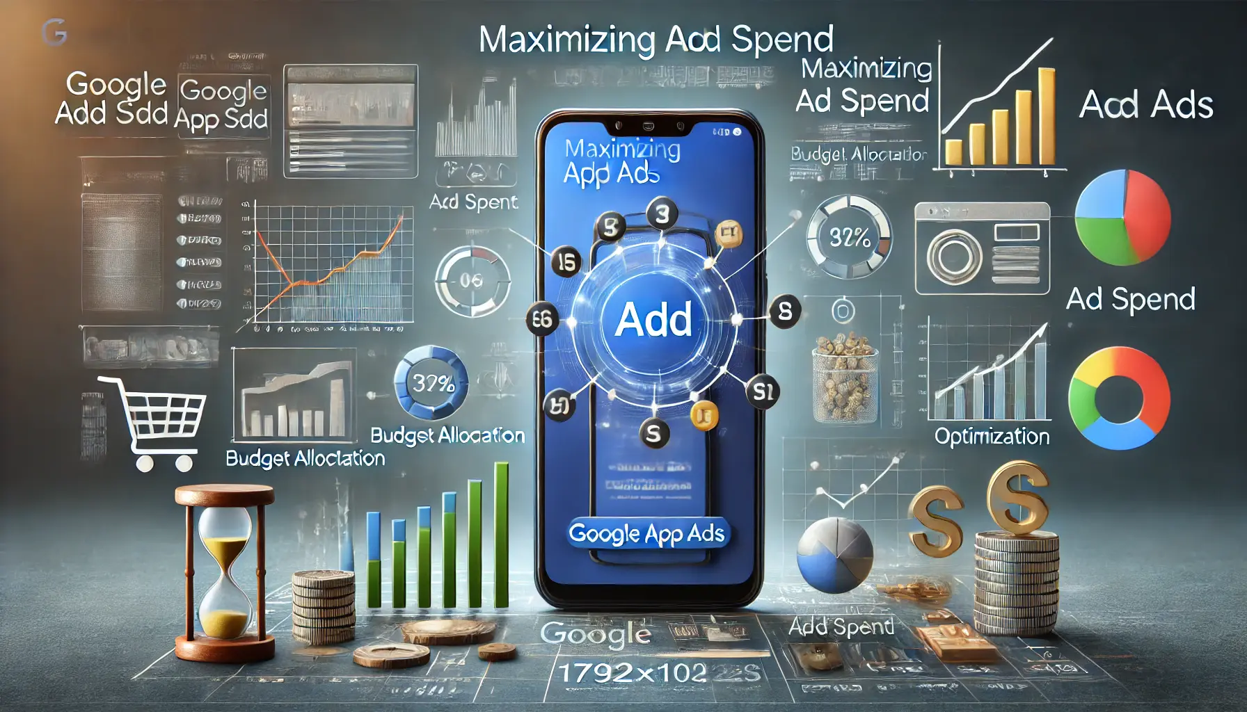 Smartphone displaying app ad with background showing digital marketing elements like graphs and budget allocation