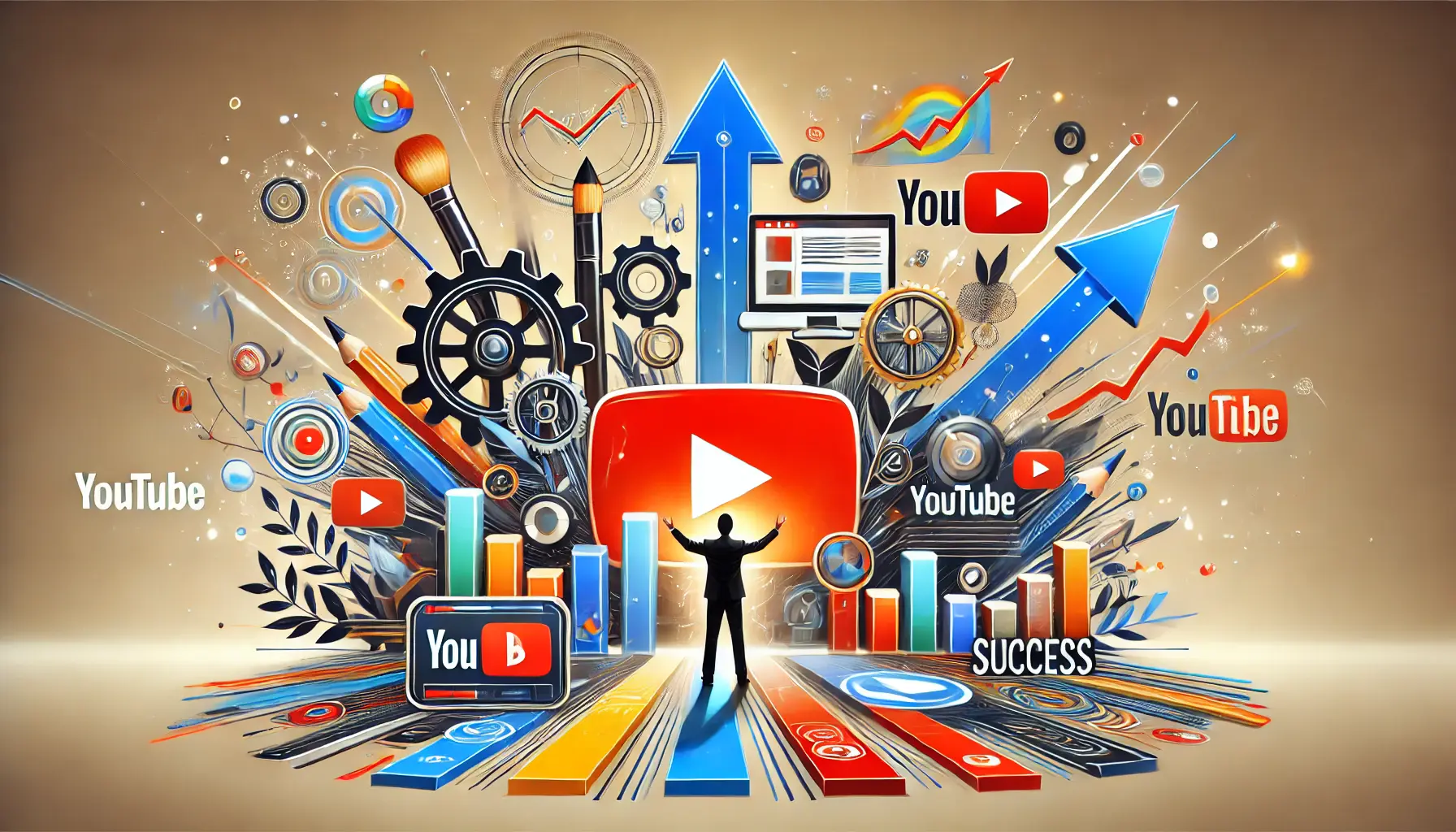 An image symbolizing the optimization of YouTube ad design for success, with abstract elements like design tools, arrows, and growth symbols.