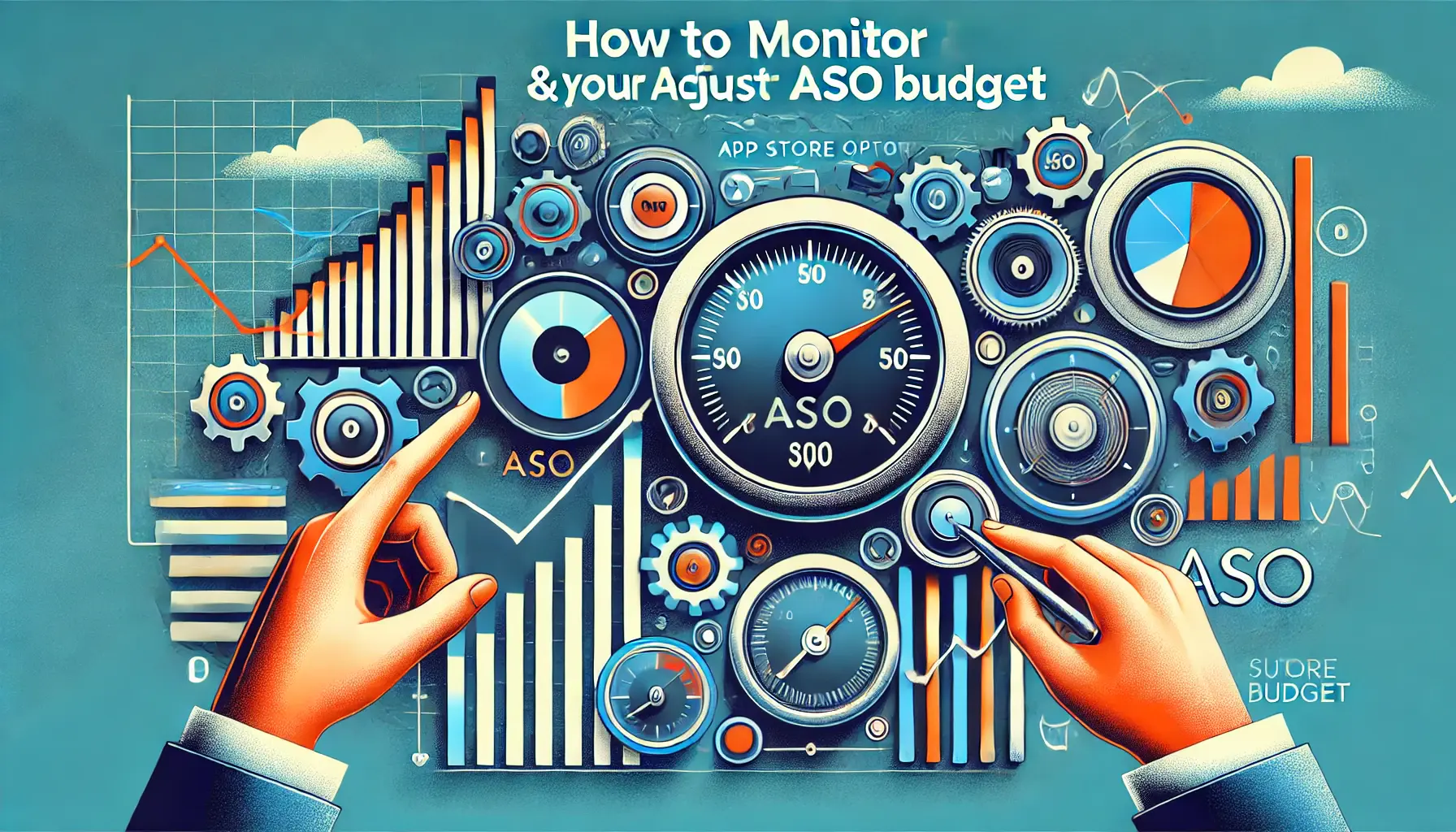 Abstract image symbolizing monitoring and adjusting a budget with visuals of gauges, graphs, and dials being carefully controlled.