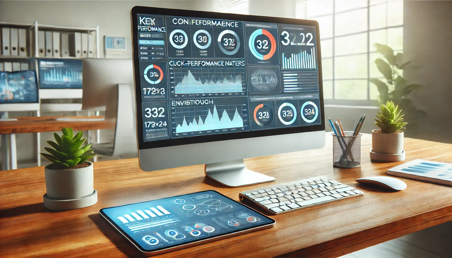 Professional workspace with analytics dashboard and tablet displaying key performance metrics for monitoring ad performance.