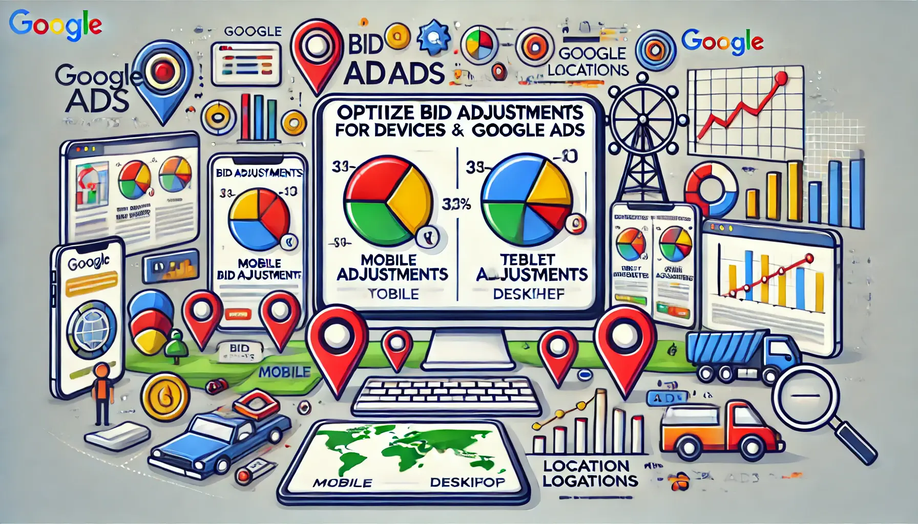 A detailed digital marketing illustration showing bid adjustments for devices and locations, featuring graphs and device icons.