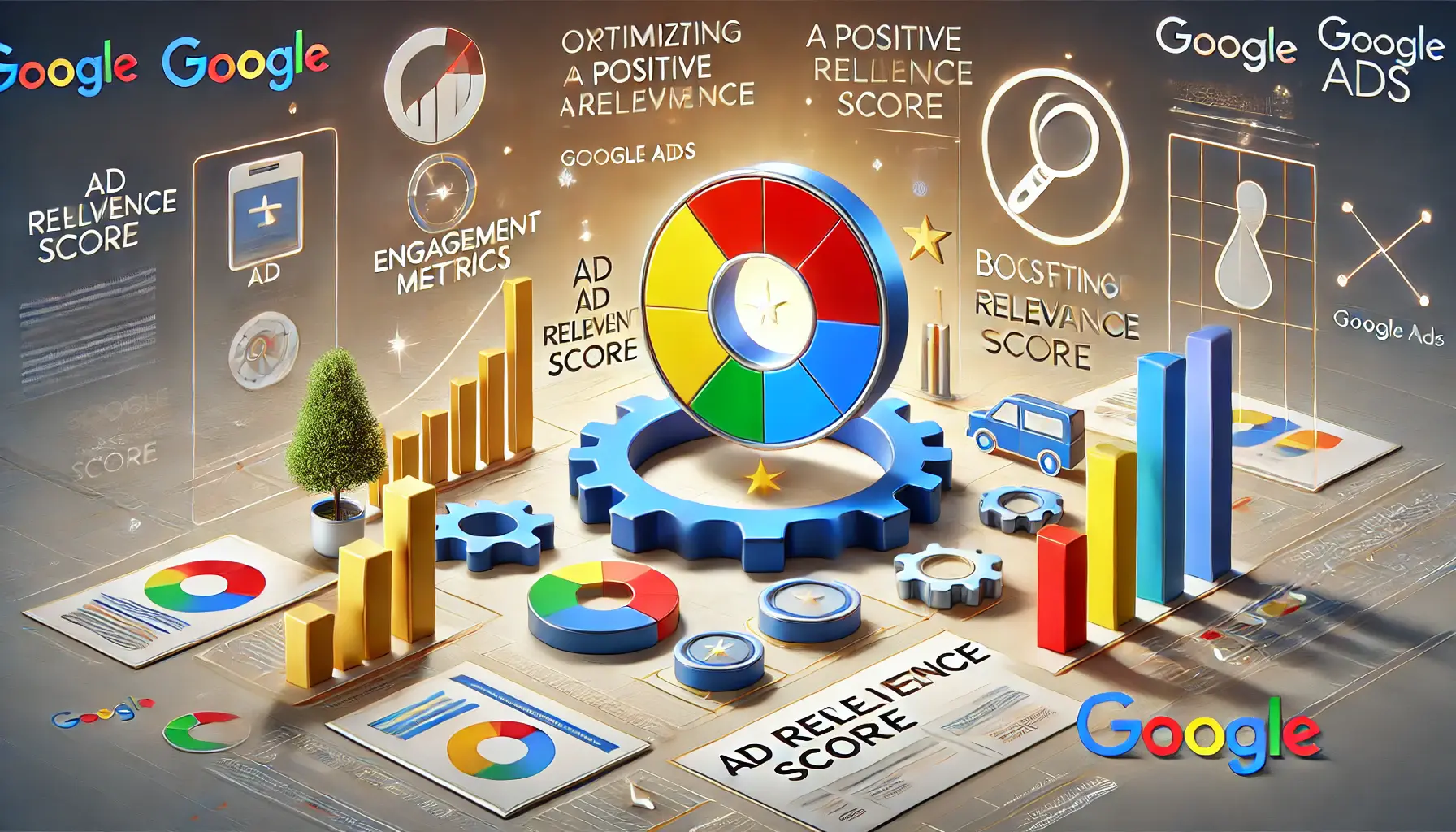 Image illustrating optimization for ad relevance score with an optimization wheel, engagement metrics, and quality indicators.