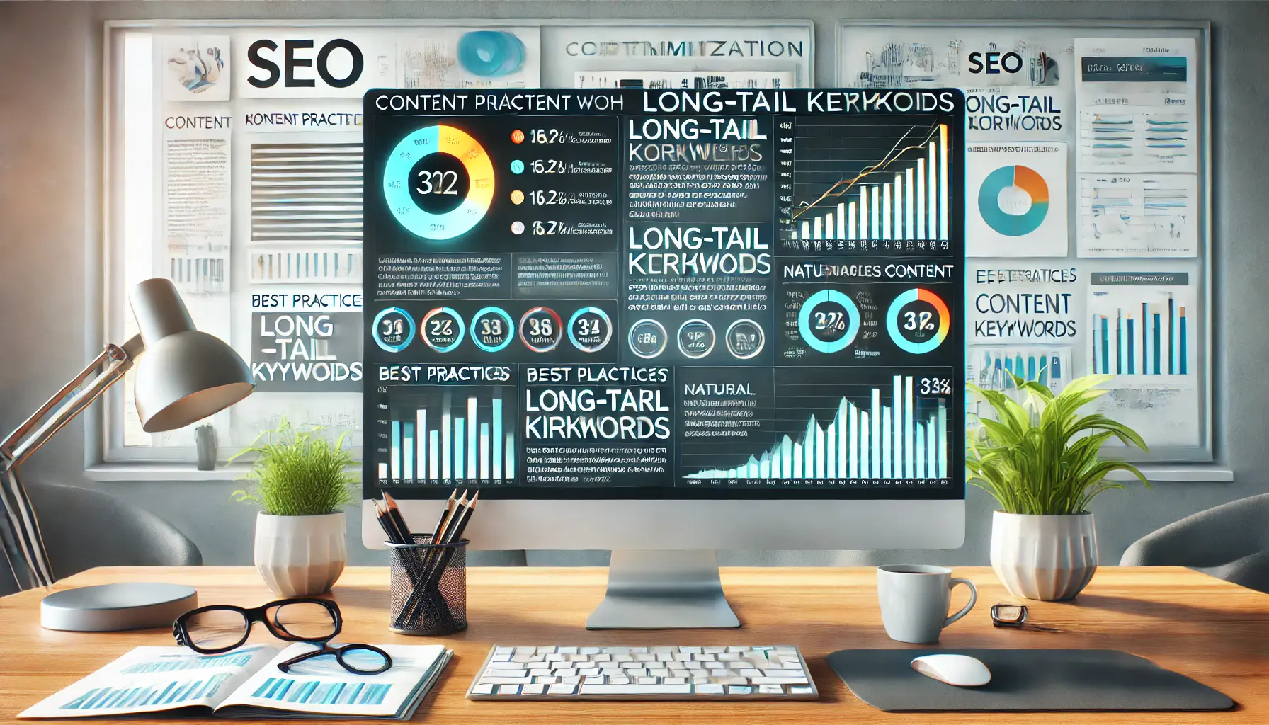 A professional SEO workspace showing a content optimization dashboard focusing on long-tail keyword usage and performance