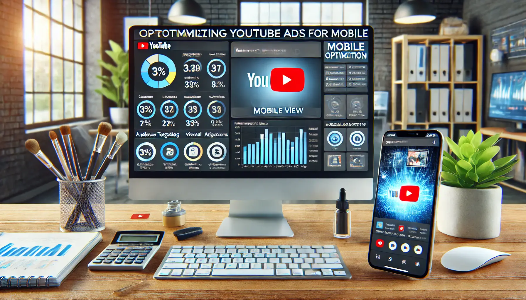 Professional workspace with analytics dashboard on mobile ad performance and a smartphone displaying a YouTube ad.