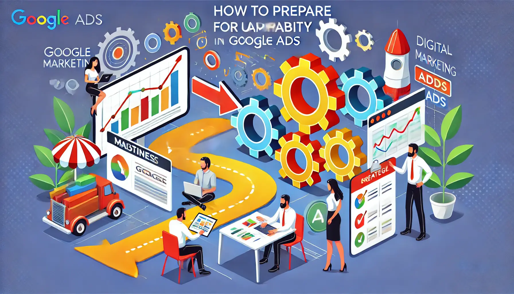 A strategic digital marketing illustration depicting preparation for changes in Google Ads, featuring a roadmap and team collaboration.