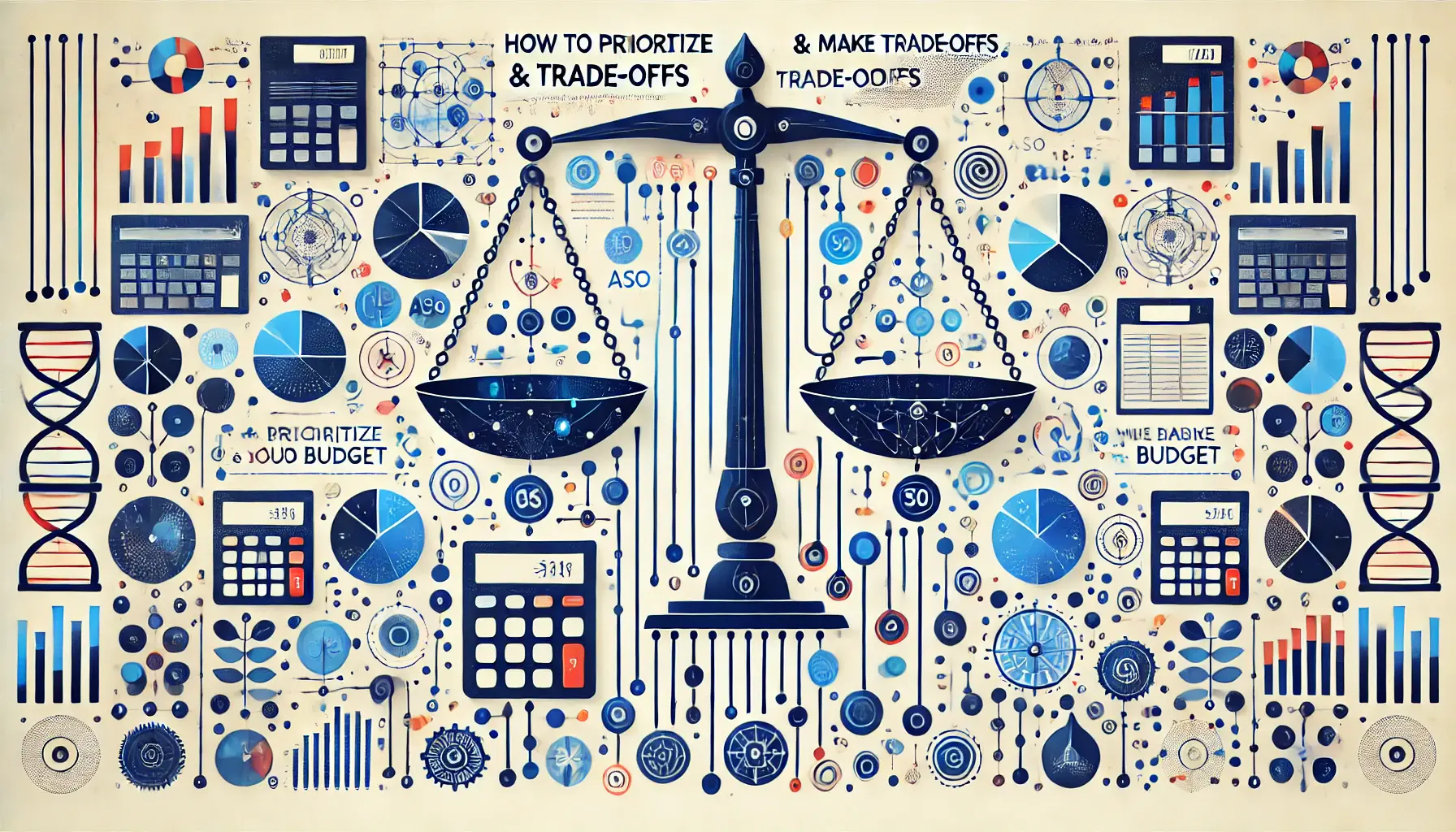 Abstract image symbolizing decision-making and prioritization with visuals of scales, balancing elements, and interconnected pathways.