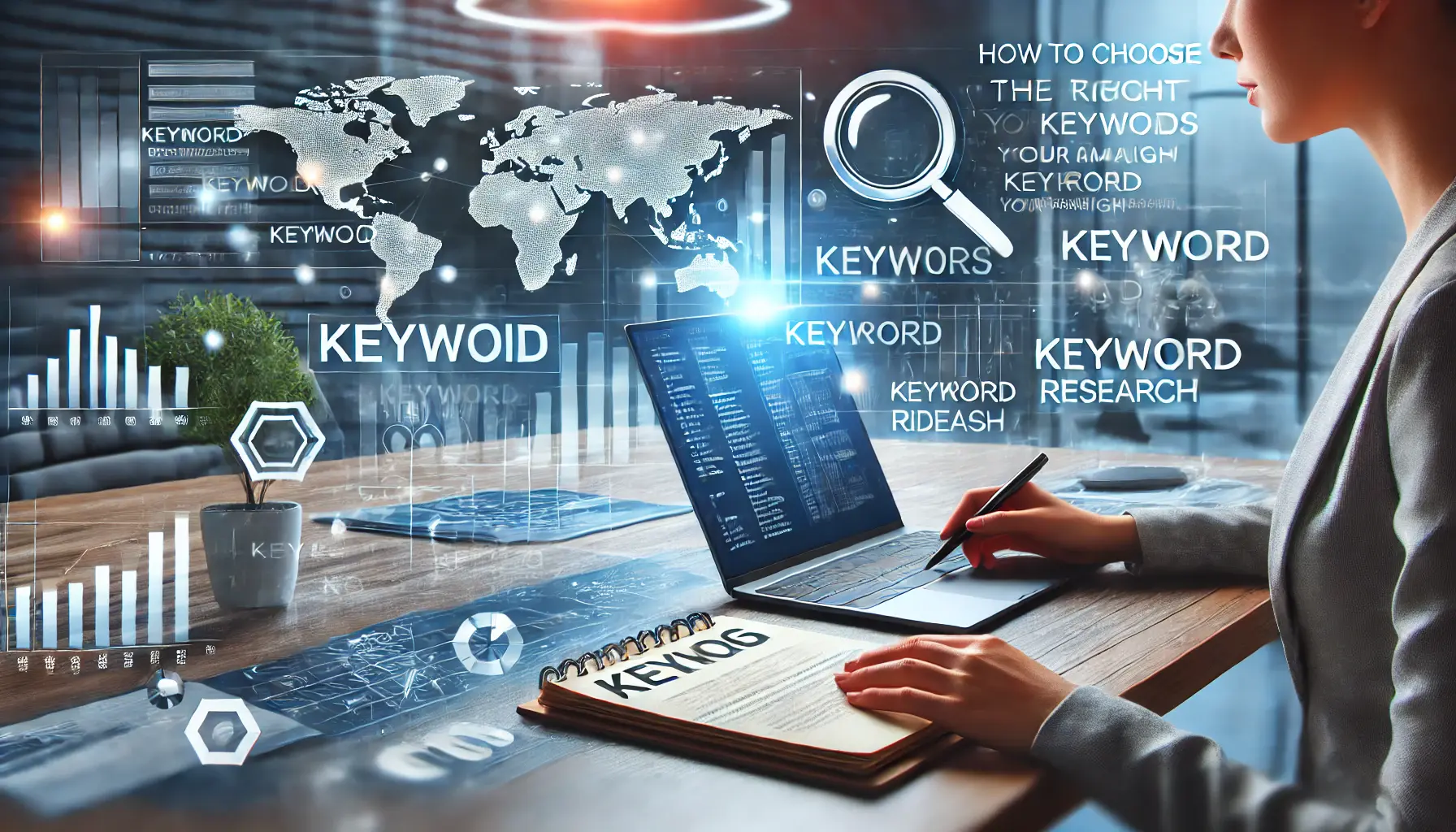 A researcher analyzing keyword data on a laptop with charts and graphs.