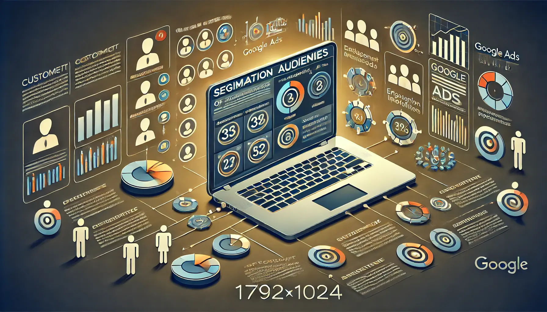 Digital marketing scene with a laptop showing audience segmentation for remarketing, featuring customer profiles, engagement metrics, and behavioral patterns.