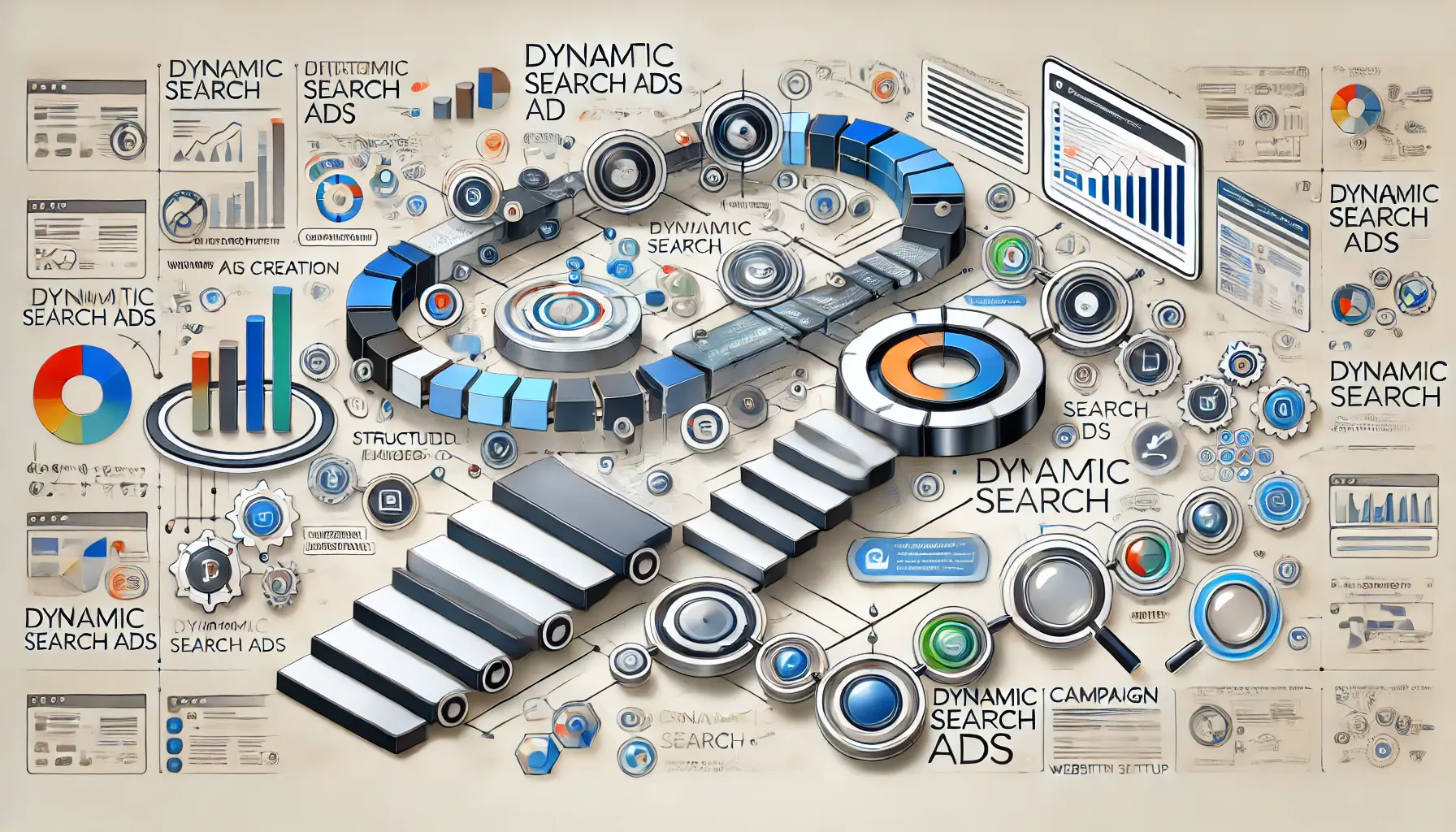 Abstract representation of a step-by-step process for setting up Dynamic Search Ads in digital marketing