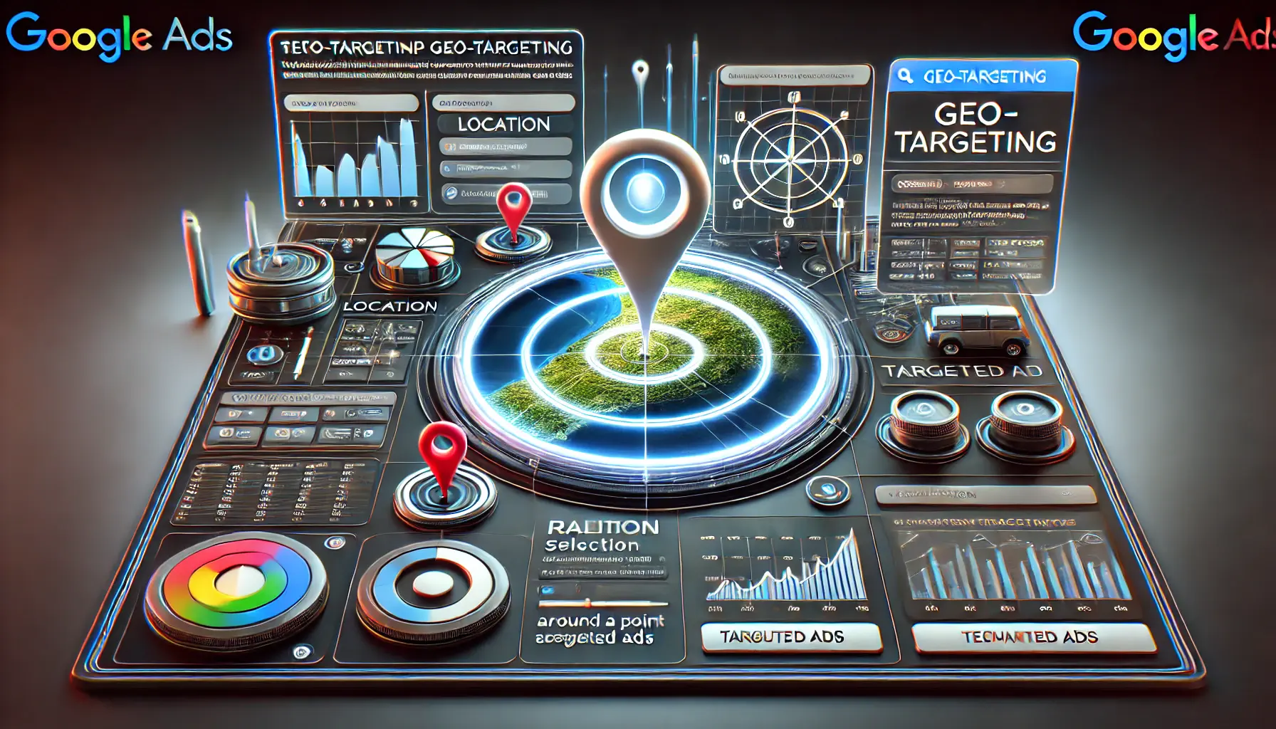 A digital dashboard with a map, location settings, and ad configuration tools representing geo-targeting setup in Google Ads