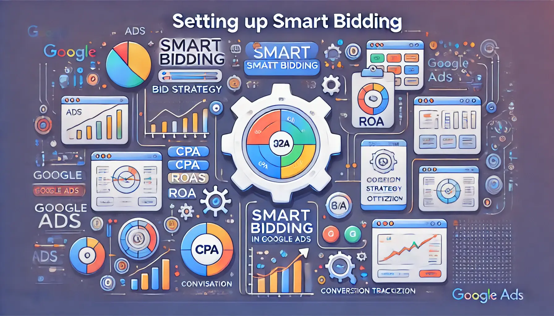 Illustration of setting up Smart Bidding in Google Ads, featuring a dashboard with bid strategy options and optimization tools.