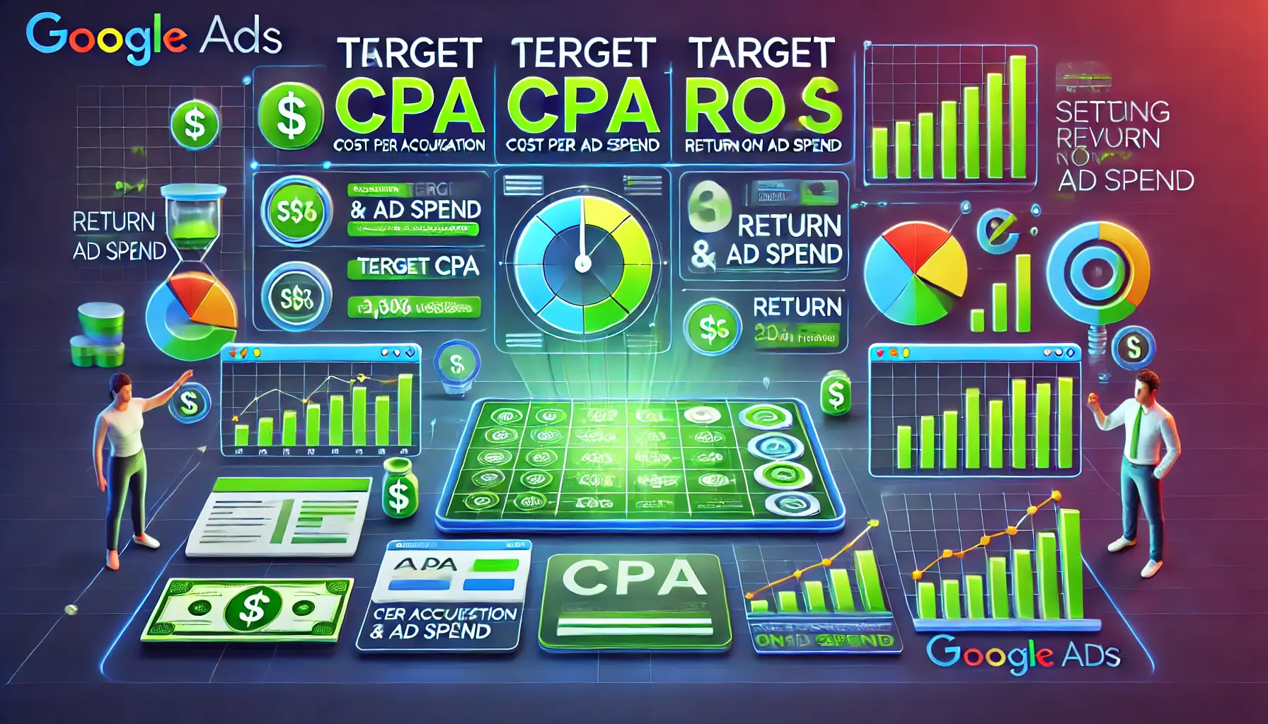 A visual representation of setting up Target CPA and ROAS in Google Ads, showcasing a digital dashboard and performance metrics.