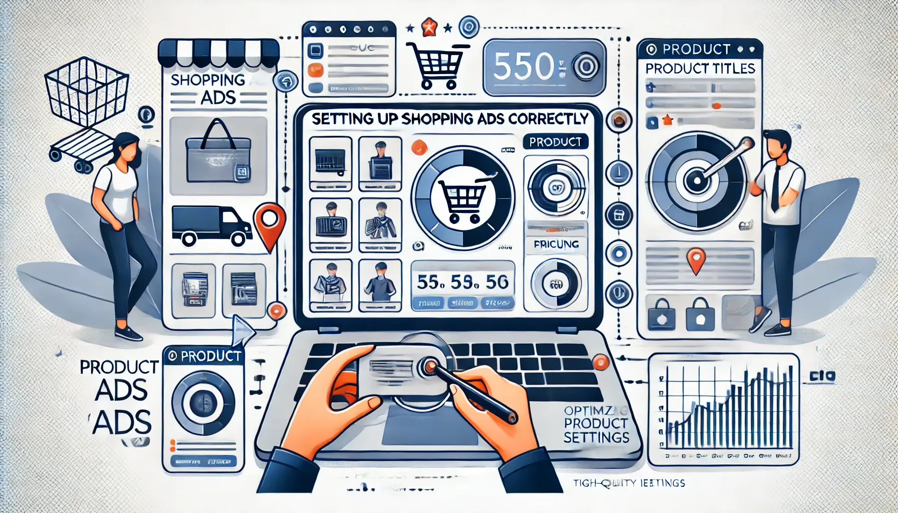 An image showing a detailed dashboard where product data like titles, descriptions, and pricing are configured, highlighting the process of setting up Shopping Ads correctly.