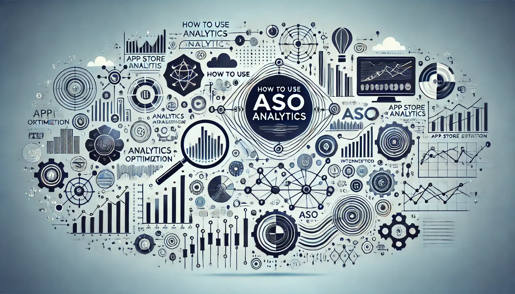 Abstract image symbolizing the application of analytics in ASO with visuals of dashboards, data flow, and interconnected graphs.