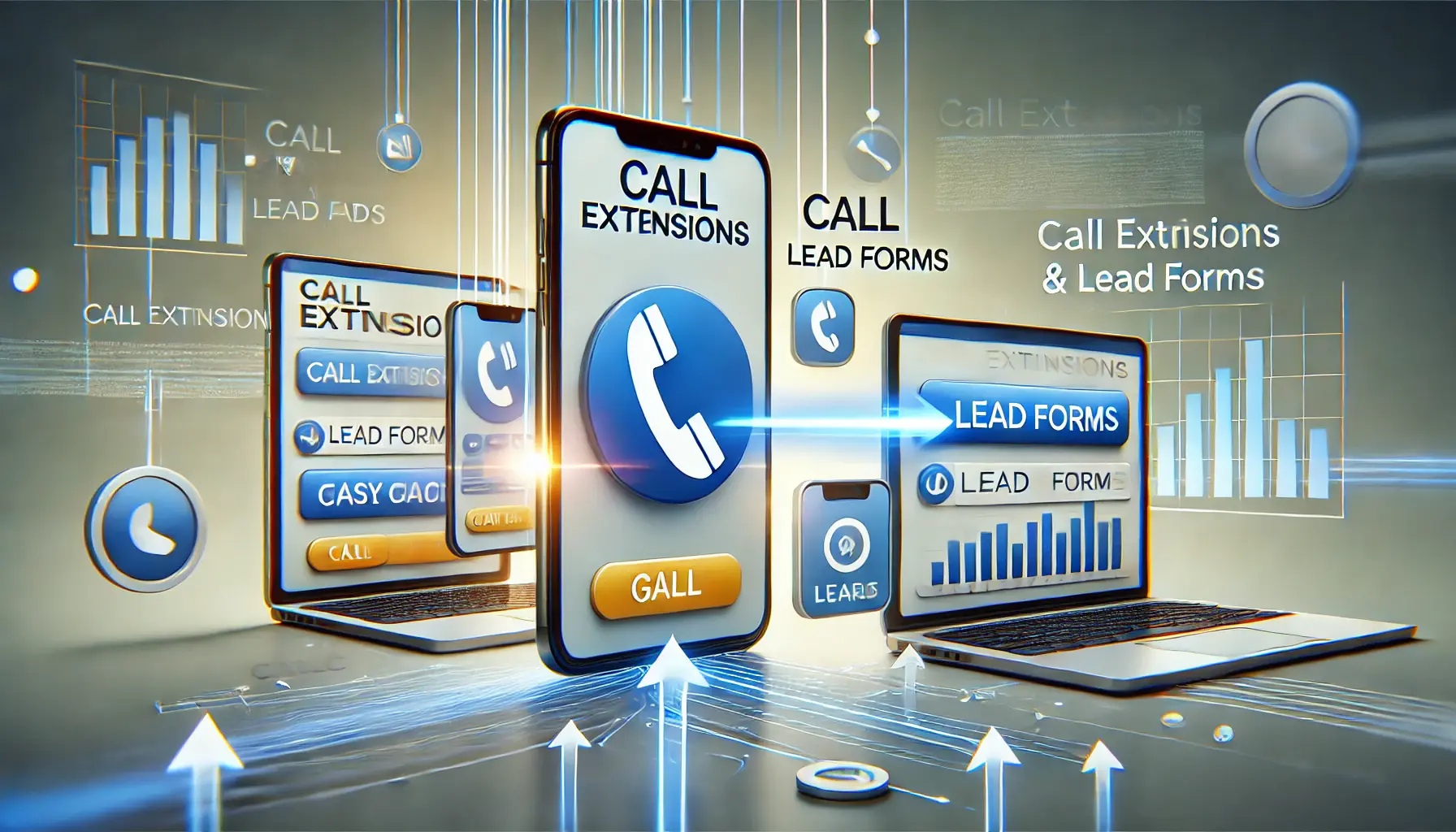 A digital marketing scene showing smartphones or laptops with ads displaying call buttons and lead form inputs, symbolizing contact and lead submission.