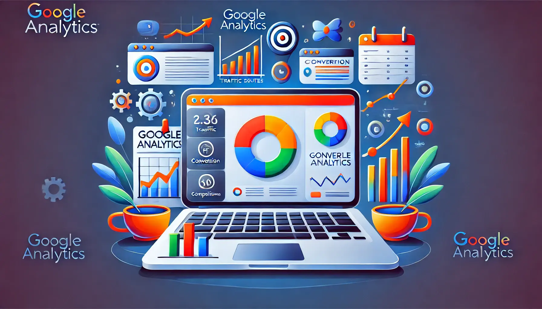 Illustration of a Google Analytics dashboard showing traffic sources, conversion rates, and goal completions.