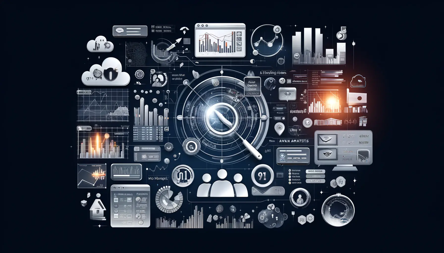 An abstract representation of using Naver Analytics, showing data charts, user demographics, and engagement metrics, symbolizing website performance analysis.