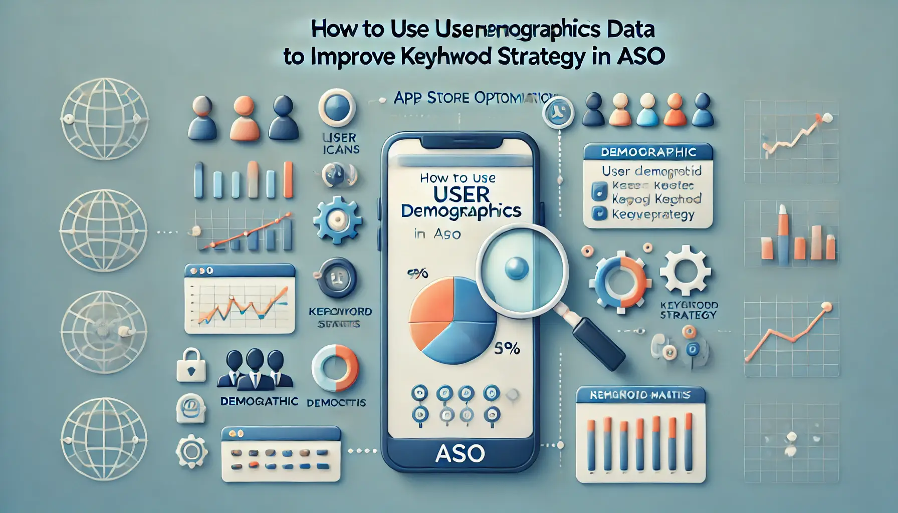 Image illustrating the use of user demographics data to enhance keyword strategy in ASO, featuring a mobile app interface with keyword analytics, demographic icons, data charts showing keyword performance, and a magnifying glass symbolizing focused analysis.