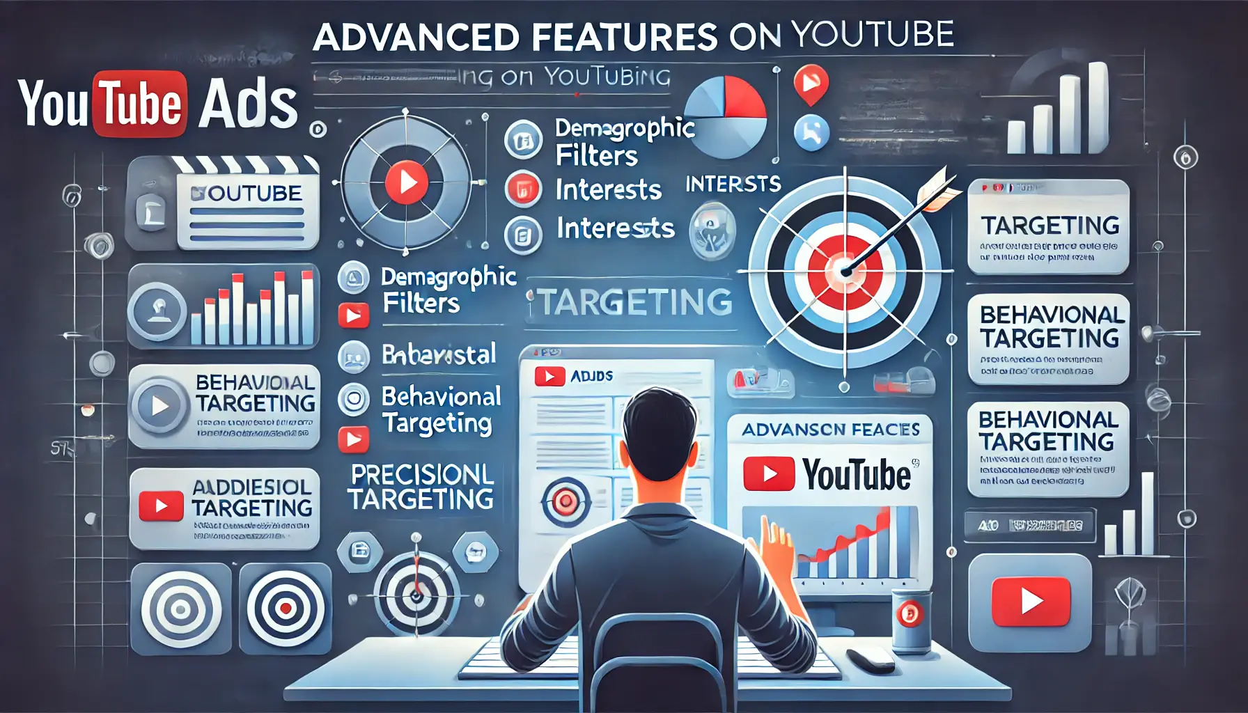 Marketer using advanced targeting tools on a YouTube Ads interface, selecting audience segments and filters