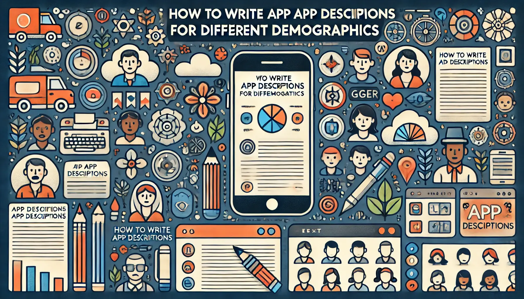 Image illustrating the process of crafting app descriptions tailored to various user demographics, featuring a mobile app screen, diverse user icons, a text editor interface, and symbols representing different demographic attributes.