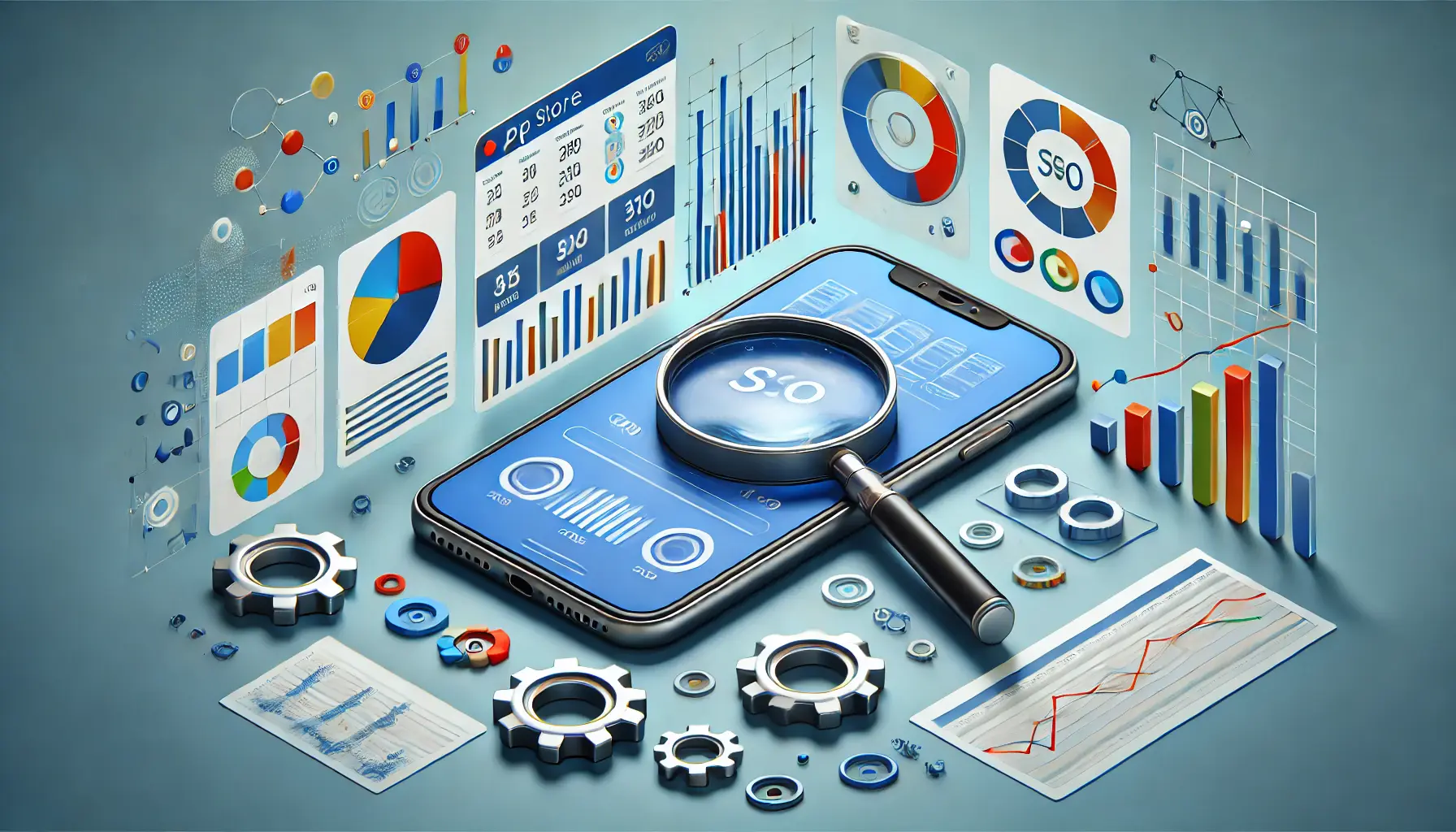 Illustration representing the use of data to improve ASO efforts, featuring a mobile device with data analytics and performance dashboards, surrounded by gears, magnifying glasses, and arrows.