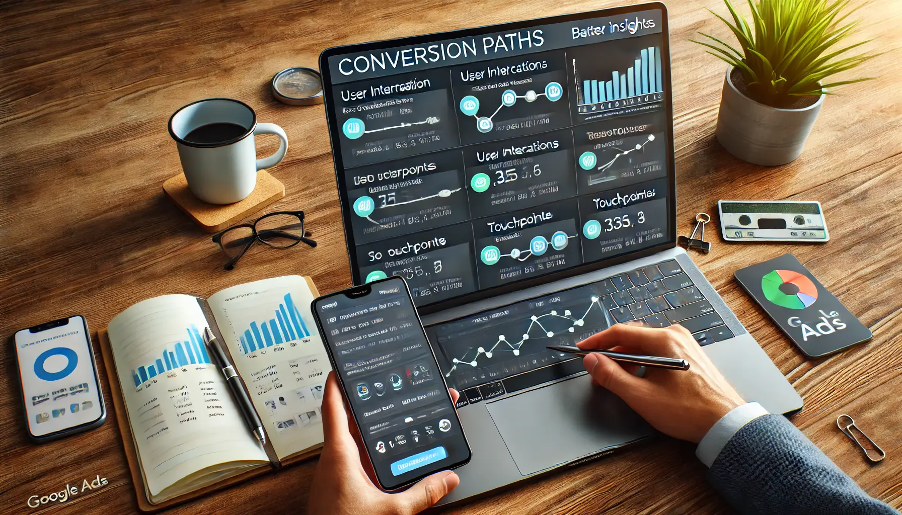 Digital marketer analyzing conversion paths on a Google Ads dashboard to understand user interactions and touchpoints leading to conversions.