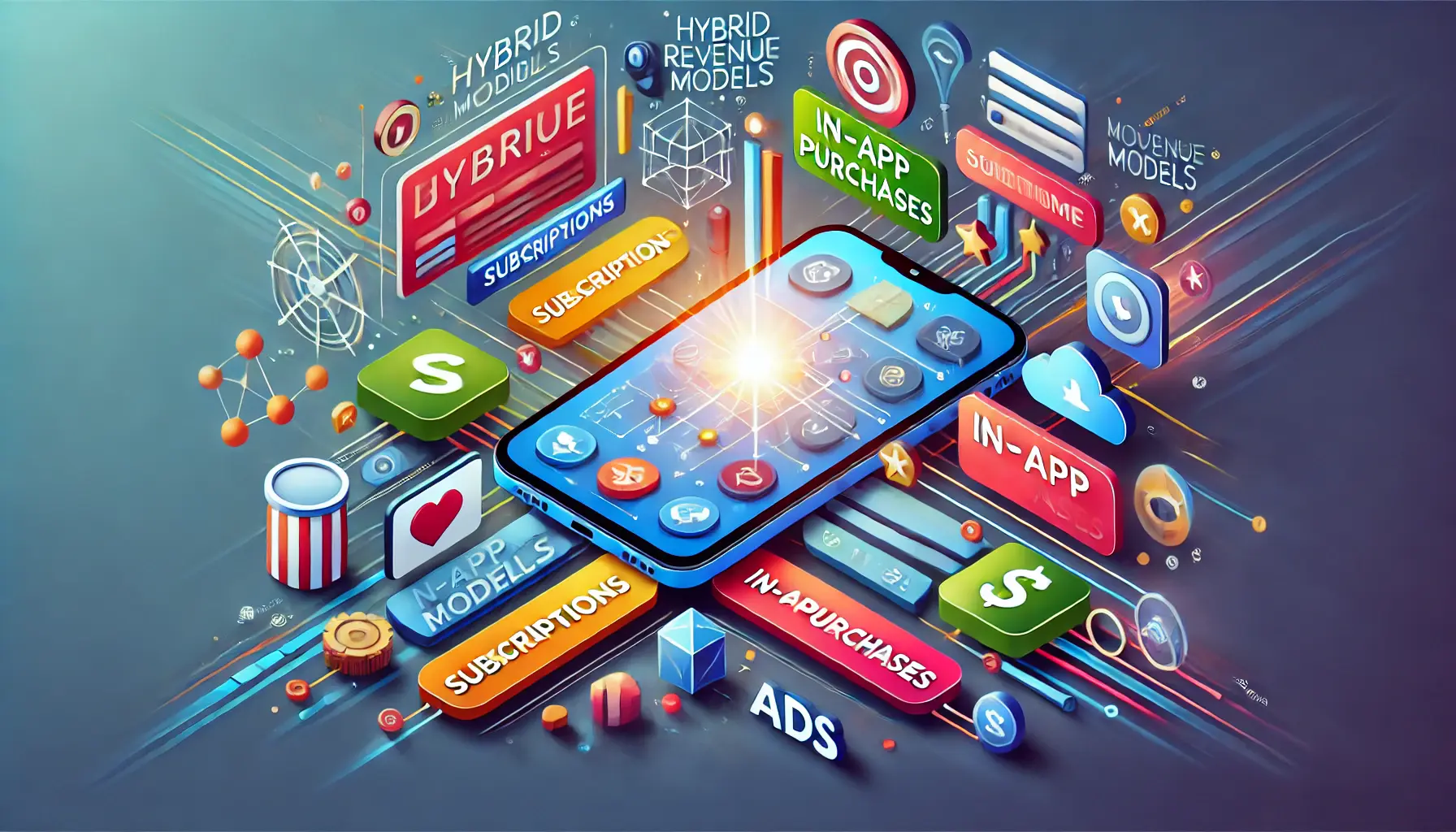 Digital illustration showing a mobile device with elements representing various monetization strategies like subscriptions, in-app purchases, and ads converging into a unified strategy.