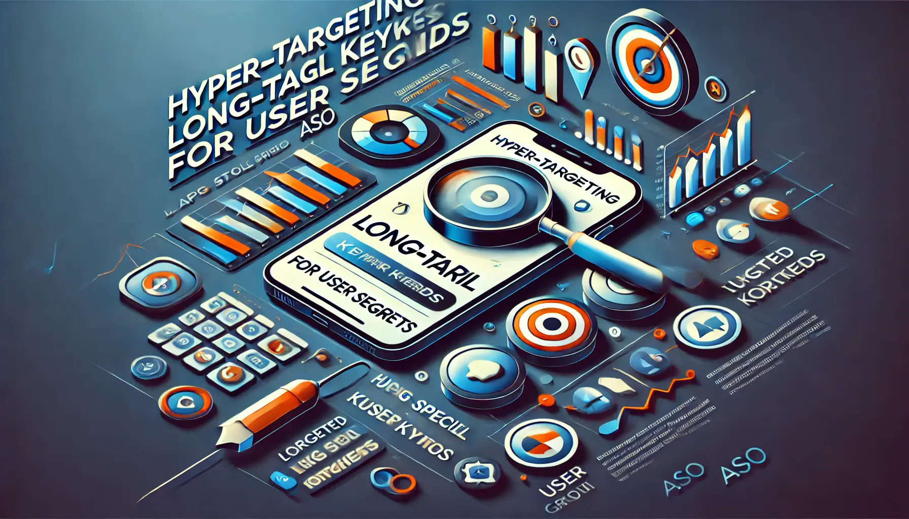 Image illustrating the use of long-tail keywords to target specific user segments in ASO, featuring a mobile app interface with keyword analytics, targeted user group icons, and a magnifying glass symbolizing precise targeting.