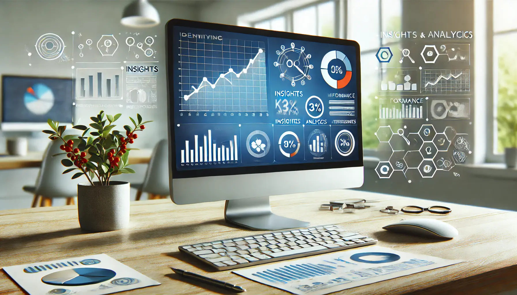 Workspace with a computer displaying analytics software showing trend graphs, charts, and performance metrics, surrounded by icons of insights and trend analysis.