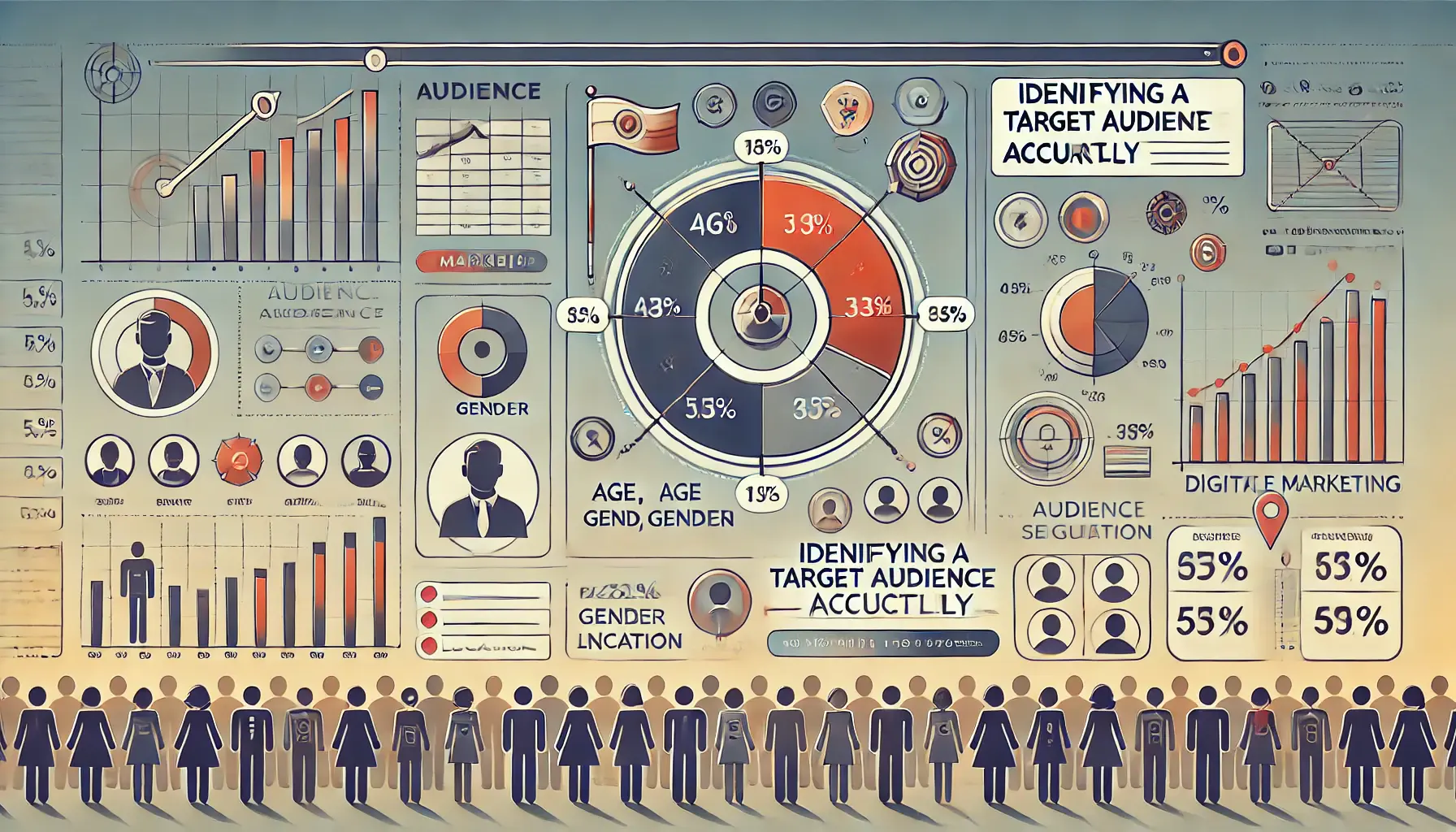 Marketing dashboard with audience analytics displaying demographics, location, and interests for precise targeting