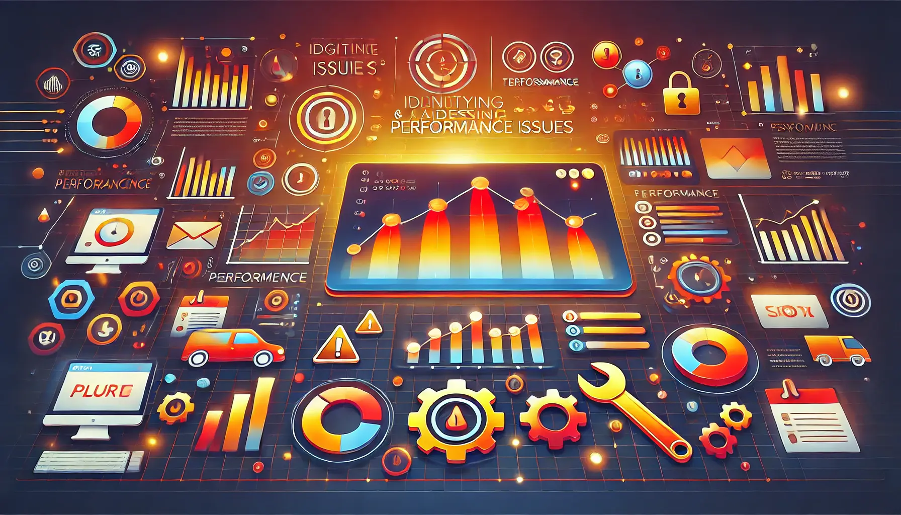 A visual representation of identifying and addressing performance issues in digital marketing, showcasing alert metrics and troubleshooting elements.