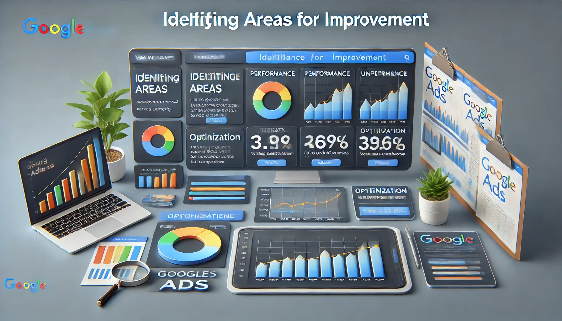 A digital marketing dashboard displaying performance charts and data analytics, highlighting areas of underperformance in an ad campaign with optimization tools for making improvements.