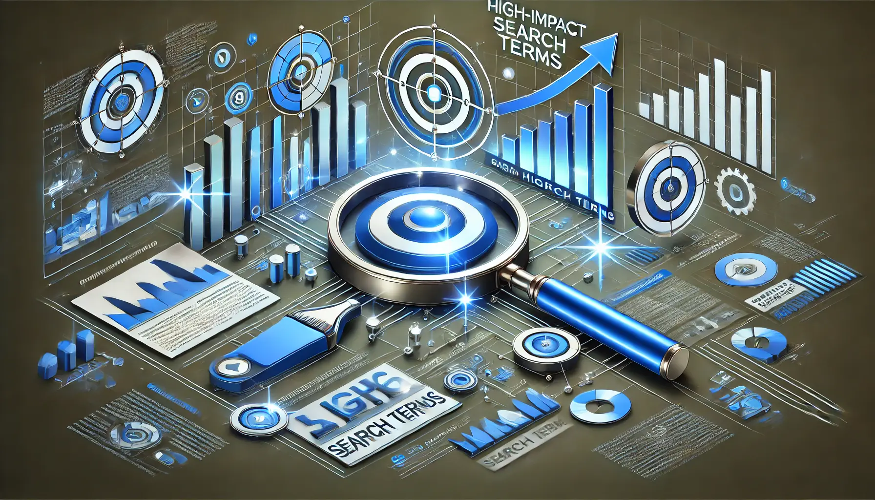 Visual representation of identifying high-impact search terms with icons for analysis, targets, and upward trends