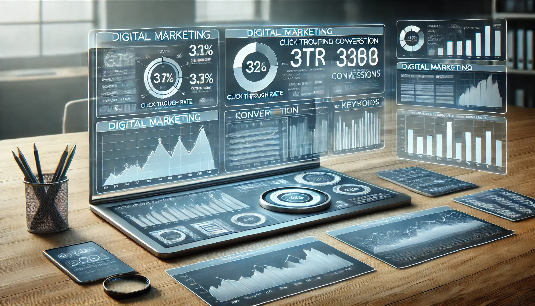 A digital marketing dashboard displaying performance graphs and charts for metrics like CTR, conversion rate, and keyword rankings to identify high-performing campaigns.