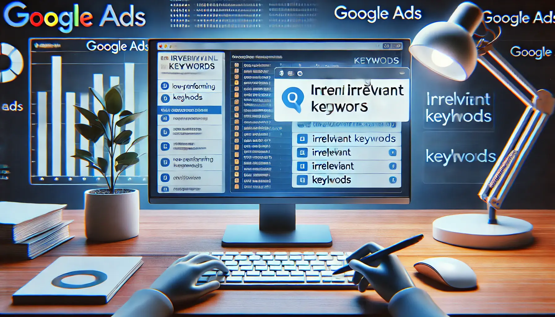 Digital advertising workspace showing a keyword analysis tool identifying and flagging irrelevant keywords.