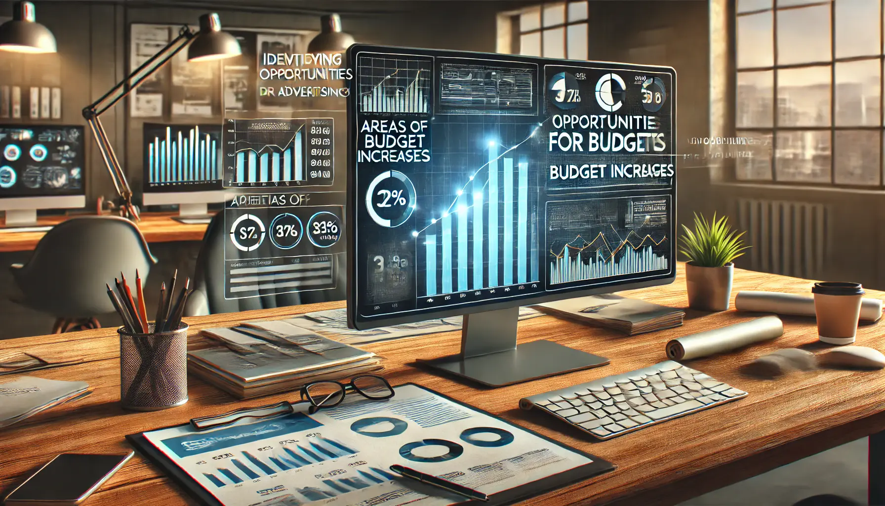 A modern office workspace displaying analytics highlighting opportunities for budget increases.