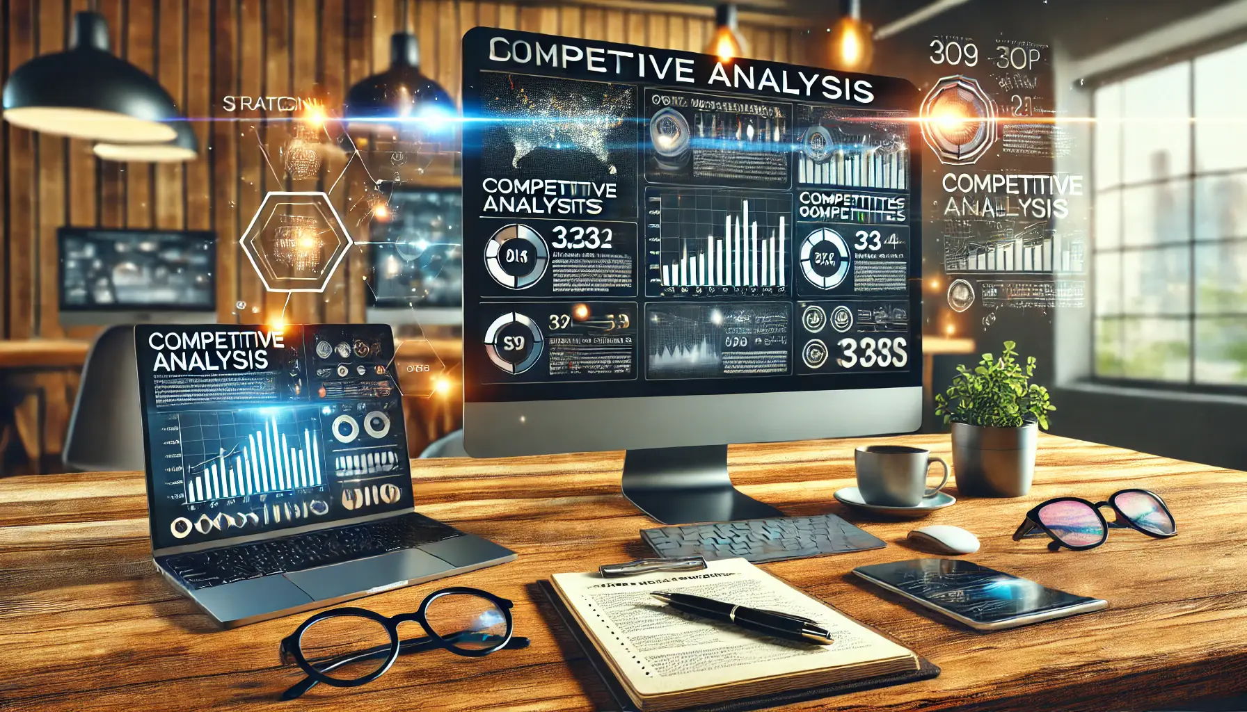 A strategic digital marketing scene depicting a competitive analysis report with graphs and competitor logos.