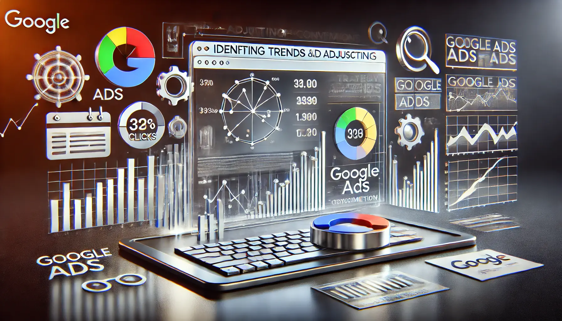 A Google Ads dashboard displaying performance trends over time with charts showing metrics like impressions, clicks, and conversions, surrounded by abstract elements representing trend analysis and campaign adjustments.