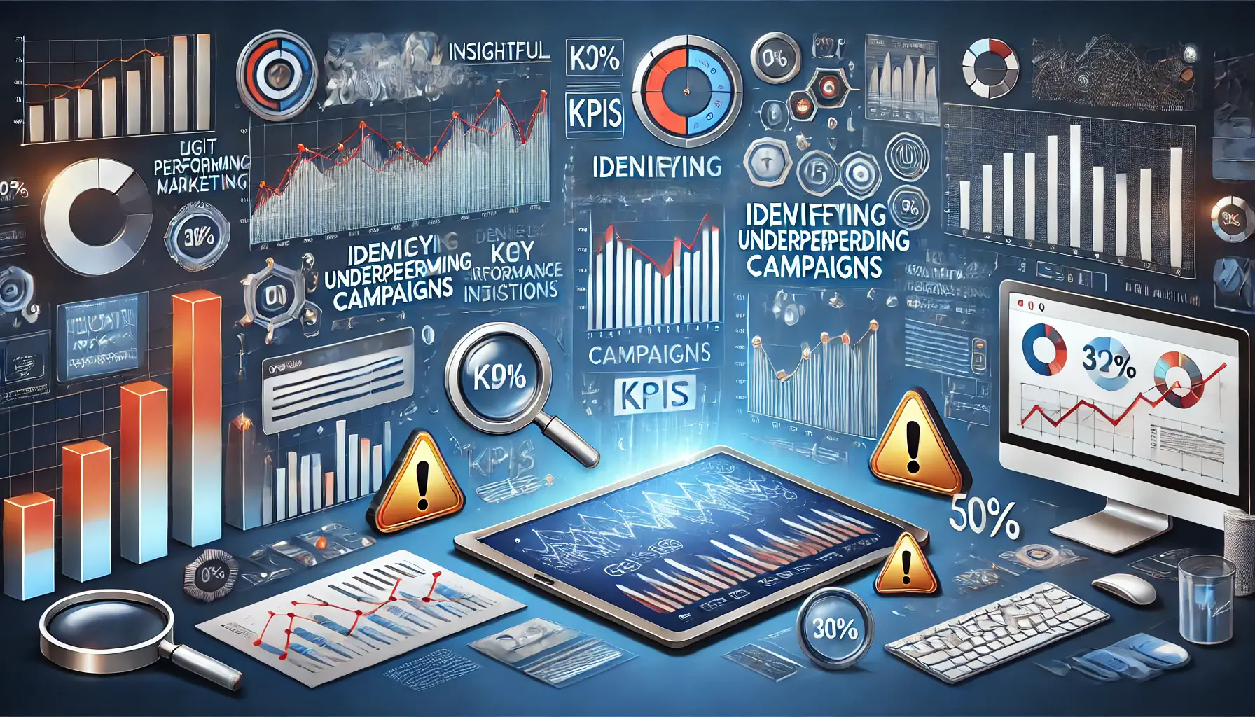 An insightful image illustrating the identification of underperforming campaigns in digital advertising, featuring a dashboard with KPIs and declining trends.